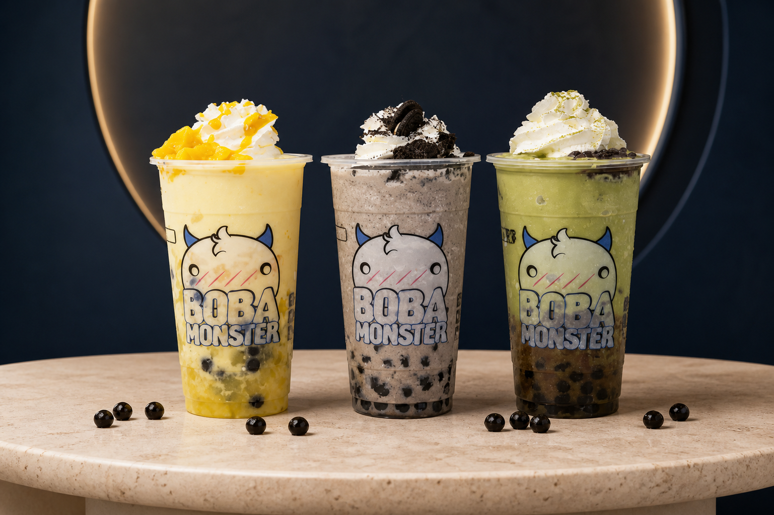 Mango, Oreo, and matcha Boba Monster drinks arranged on warm stone against a dark studio background